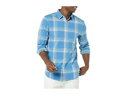 Amazon Essentials Men's Long-Sleeve Slim-Fit Stretch Poplin Shirt Shirt, Light Blue/Indigo, Plaid, X-Small