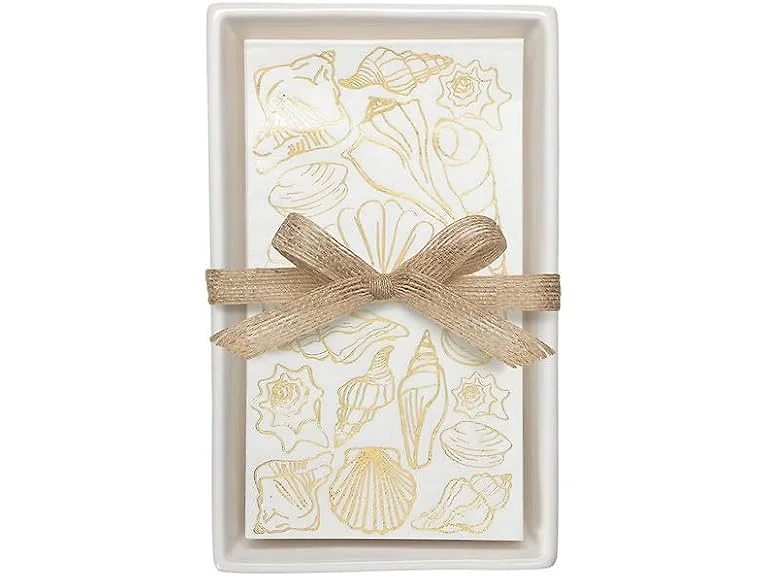 Ceramic Tray and 20 Absorbent 3-Ply Paper Napkins Gold Shells