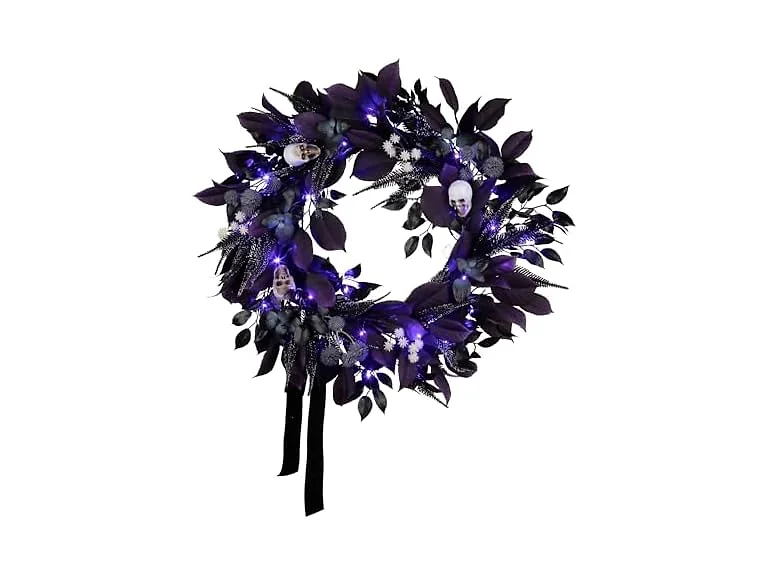 National Tree Company, 26inch Artificial Floral Mini Skull Wreath, 30 Purple LED Lights