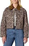 Amazon Essentials Women's Oversized-Fit Cropped Denim Jacket with Contrast Corduroy Collar, Black Brown Animal Print, Large