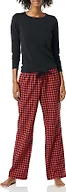 Amazon Essentials Women's Long Sleeve Knit Top and Lightweight Flannel Pajama Pant Set, Red Black Mini Buffalo Plaid, X-Small