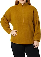 Amazon Essentials Women's Sweaters, Dressy Casual, Mid Gauge Stretch, Half Zip, Polo Collar, Brown, Large