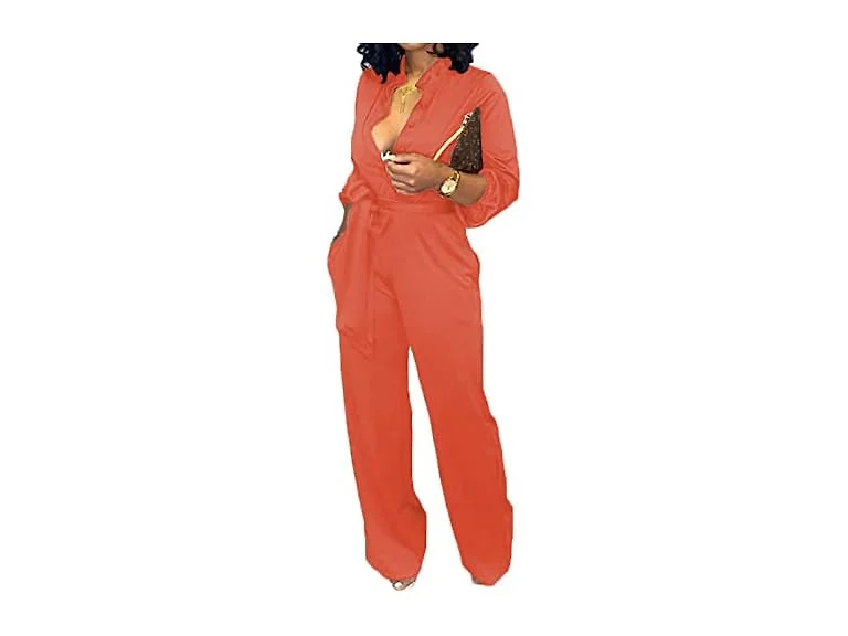 SeNight Women (3XL) V Neck Jumpsuit Long Wide Belt