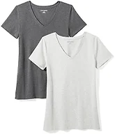 Amazon Essentials Women's Regular-Fit Short-Sleeve V-Neck T-Shirt, Pack of 2, Charcoal Heather/Light Grey Heather, Small