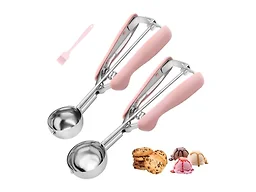 Cookie Scoops for Baking Set of 2, Pink Handle 18/8 Stainless Steel Ice Cream Scoop Set with Ergonomic Soft Grip, Spring Trigger Release Cookie Dough Scooper for Cupcakes, Muffins, Meatballs, Melon