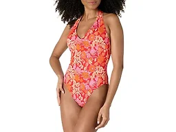 Amazon Essentials Girls' Women's Halter One Piece Swimsuit, Bright Red Folk Floral Multi, Small