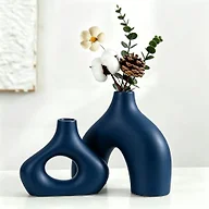 CEMABT Blue Ceramic Vase Set of 2 for Modern Minimalist Bohemian Decor，Round Matte Donut Vases for Pampas Grass-Perfect for Living Room, Dining Table, Office Bedroom Shelf Decor Entryway, Console