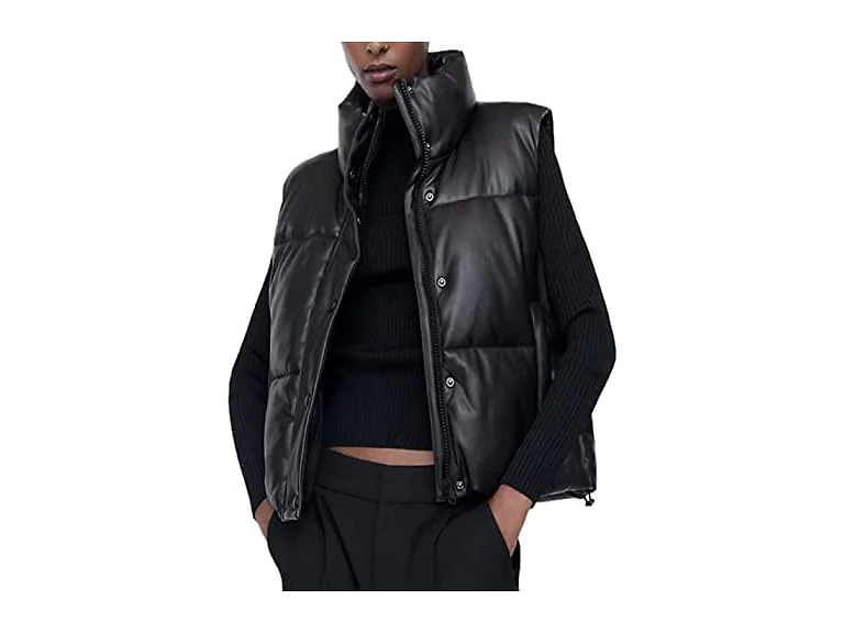 Mingzhu Women Faux Leather Puffer Vest Winter Vest