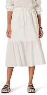 Amazon Essentials Women's Relaxed-Fit Midi-Length Tiered Cotton Sateen Skirt, White, Large