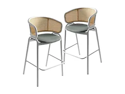 LeisureMod Ervilla Wicker Bar Stool with Fabric Seat and White Steel Frame - Grey leather - Set of 2
