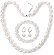 BAMIKI 8-9MM White Cultured Pearl Necklace Set Jewelry for Women - 3-Piece