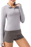 GGOV Crop Tops Women's Long Sleeve Workout Shirt with Half Zip Closure, Slim Fit, and Buttery-Soft Fabric Grey Purple
