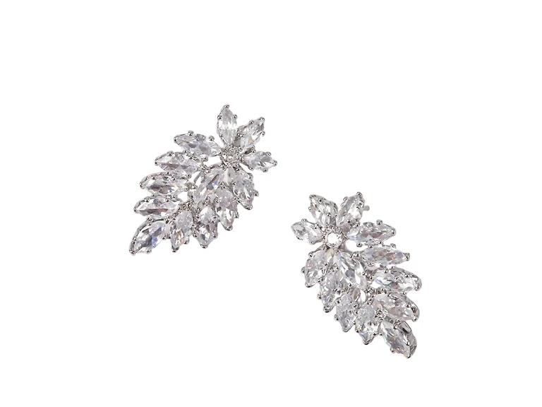 Silver Leaf Cluster CZ Stud Earrings
