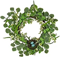 National Tree Company Artificial Spring Wreath, Woven Branch Base, Decorated with Spring Blooms, Berries, Bird's Nest with Pastel Eggs, Spring Collection, 20 Inches