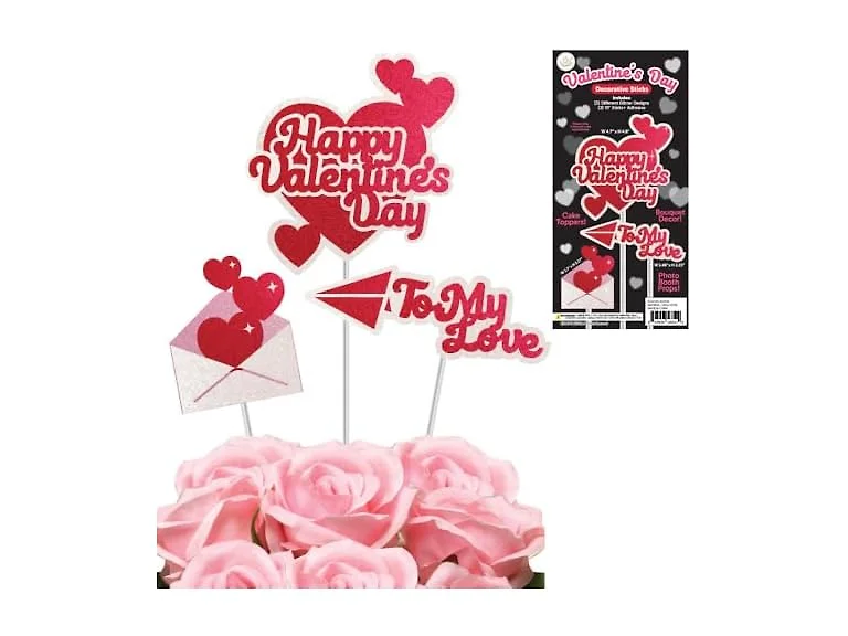 LUV Ribbon Glittered 3pc "Happy Valentine's Day" Picks