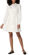 Amazon Essentials Women's Regular-Fit Cotton Sateen Tiered Shirt Dress with Puff Shoulder Sleeves, Collar Band, Button-Front, White, Large