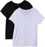 Amazon Essentials Women's Active Quick Dry Tech Stretch Short-Sleeve V-Neck T-Shirt, Moisture-Wicking, Pack of 2, Black/Bright White, XX-Large